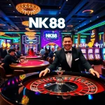 NK88 logo enhances excitement at a vibrant casino with players winning at roulette and poker tables.