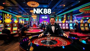 NK88 logo enhances excitement at a vibrant casino with players winning at roulette and poker tables.