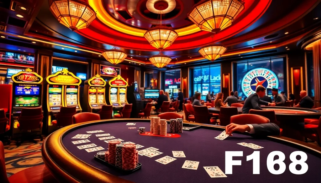 Experience the thrill of gambling at F168 with an enticing casino scene featuring poker and slots.