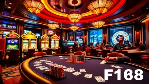 Experience the thrill of gambling at F168 with an enticing casino scene featuring poker and slots.