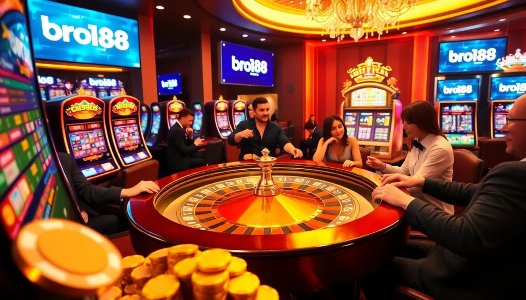 Experience the excitement of bro138 with vibrant slot machines and engaging gamblers.