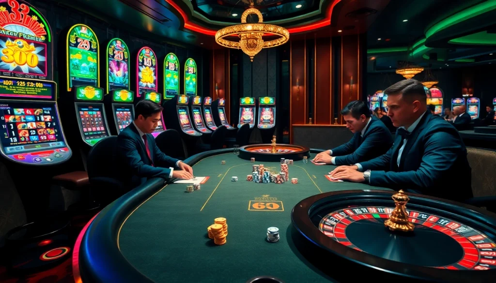 Experience the excitement at B52club with players competing at a high-stakes poker table amidst vibrant casino elements.