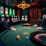 Experience the excitement at B52club with players competing at a high-stakes poker table amidst vibrant casino elements.