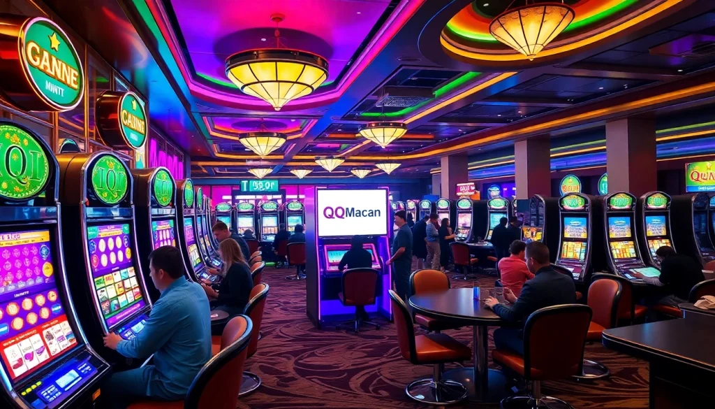 Players enjoying the excitement of QQMacan slot machines in a luxurious casino atmosphere.