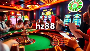 Experience the excitement of hz88 with players betting at a vibrant casino table surrounded by colorful slot machines.