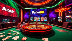 Experience the excitement of Betwin88 with vibrant casino scenes showcasing poker tables and roulette.