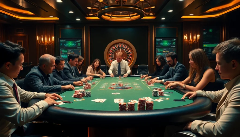 Players enjoying a thrilling poker game at a luxurious casino, highlighting phsky's engagement.