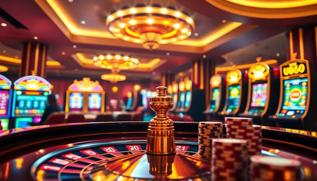 Experience the thrill of u888 with this vibrant casino scene featuring roulette, poker chips, and slot machines.