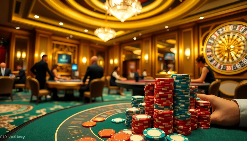 Experience luxury gambling at https://abc8.luxury/ with vibrant poker chips and a spinning roulette wheel.