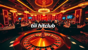 Experience high-stakes excitement as you tải hitclub at a luxurious casino, with vibrant tables and poker chips.