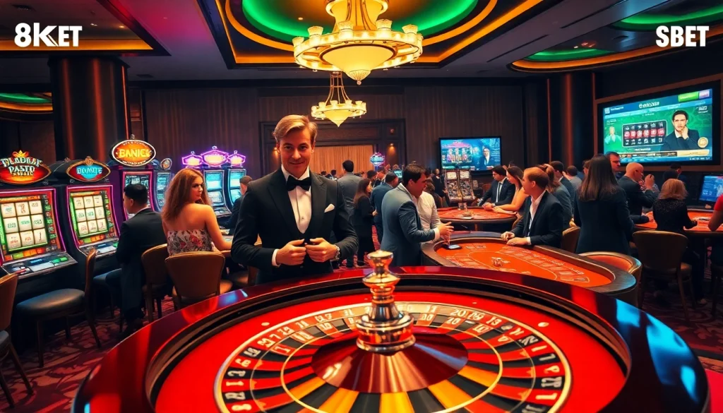 Exciting casino scene showcasing 8KBET's luxurious gambling environment with diverse players at tables.