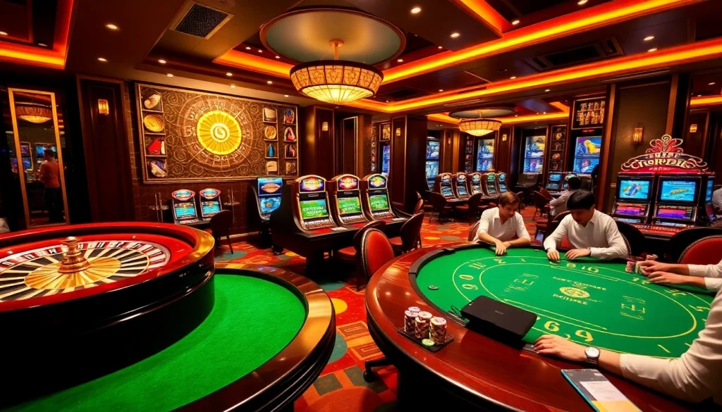 Experience the thrill at https://go8.live/ with a luxurious casino scene featuring poker and roulette games.