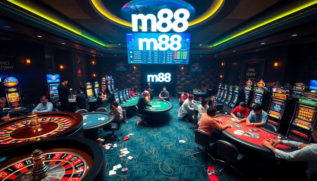 Players enjoying the excitement of m88 casino games with vibrant tables and slot machines.