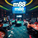 Players enjoying the excitement of m88 casino games with vibrant tables and slot machines.