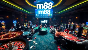Players enjoying the excitement of m88 casino games with vibrant tables and slot machines.