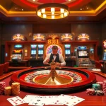 Experience thrilling 8s gaming at a luxurious casino table surrounded by vibrant slot machines.