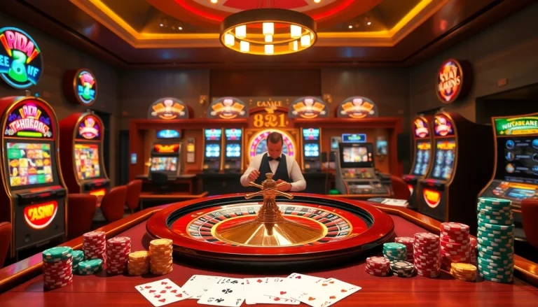 Experience thrilling 8s gaming at a luxurious casino table surrounded by vibrant slot machines.