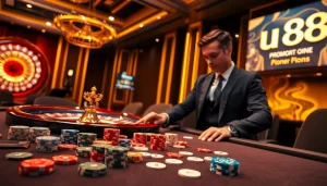 Experience the excitement of uu88 in a luxurious casino setting filled with vibrant poker chips and a dazzling roulette wheel.