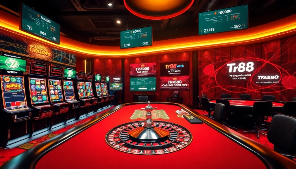 An engaging online gaming scene at https://tr88.work/ featuring thrilling slot machines and a vibrant roulette wheel to captivate players.