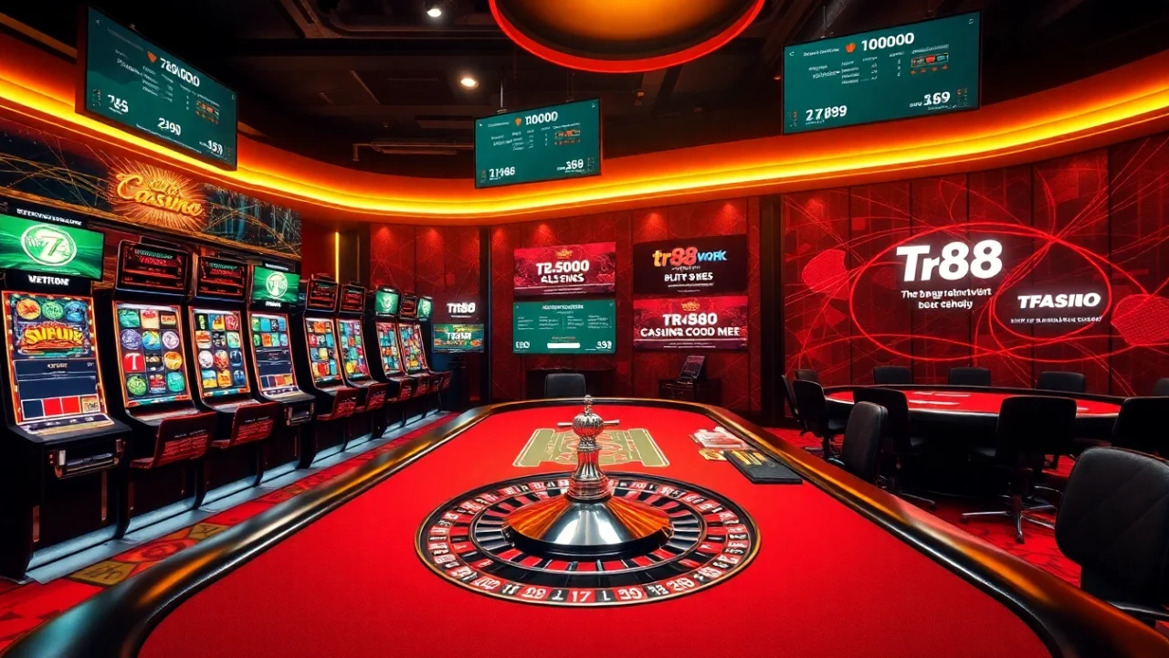 An engaging online gaming scene at https://tr88.work/ featuring thrilling slot machines and a vibrant roulette wheel to captivate players.