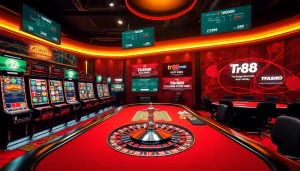 An engaging online gaming scene at https://tr88.work/ featuring thrilling slot machines and a vibrant roulette wheel to captivate players.
