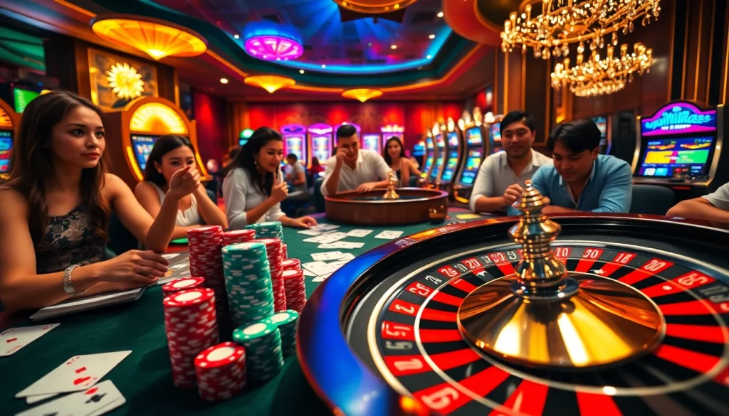 Exciting casino scene featuring players interacting with apiraja88 slot machines and poker tables.