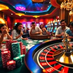 Exciting casino scene featuring players interacting with apiraja88 slot machines and poker tables.