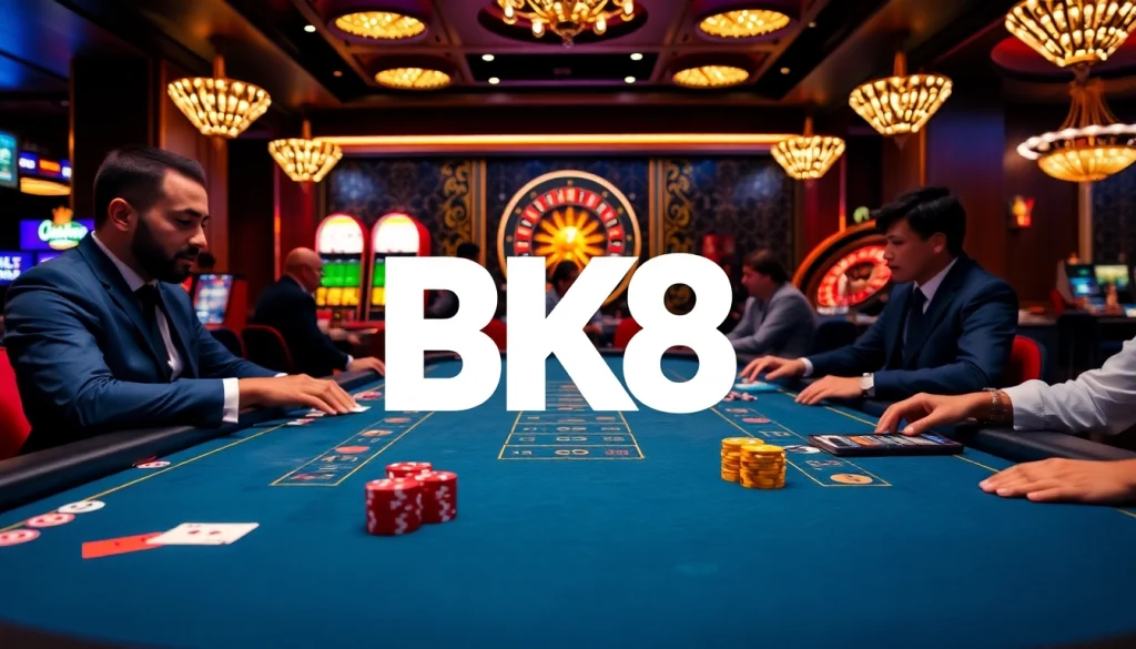 Players engaging at the BK8 casino table, showcasing vibrant chips and cards.