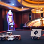 Engaging scene at S8 casino showcasing slot machines, poker chips, and a roulette wheel in a luxurious atmosphere.