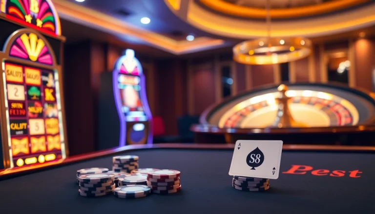 Engaging scene at S8 casino showcasing slot machines, poker chips, and a roulette wheel in a luxurious atmosphere.