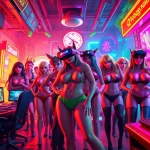 Porn games characters in a colorful digital art scene with vibrant backgrounds and gaming props