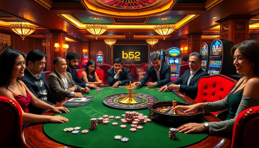 B52club players enjoying high-stakes poker and blackjack in a luxurious casino setting.