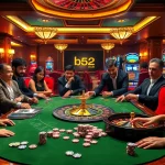 B52club players enjoying high-stakes poker and blackjack in a luxurious casino setting.