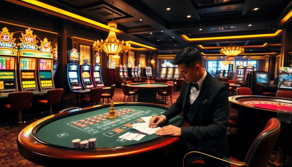 Experience thrilling gameplay at VJ88 casino with vibrant slot machines and elegant poker tables.