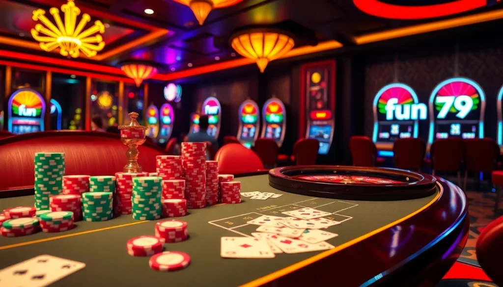 Experience the excitement of fun79 with vibrant poker chips and a luxury casino atmosphere.