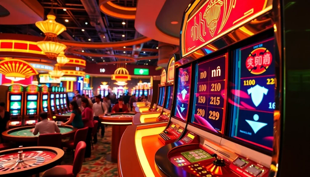 Excited players engaging with a nổ hũ slot machine in a vibrant casino.