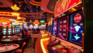 Excited players engaging with a nổ hũ slot machine in a vibrant casino.