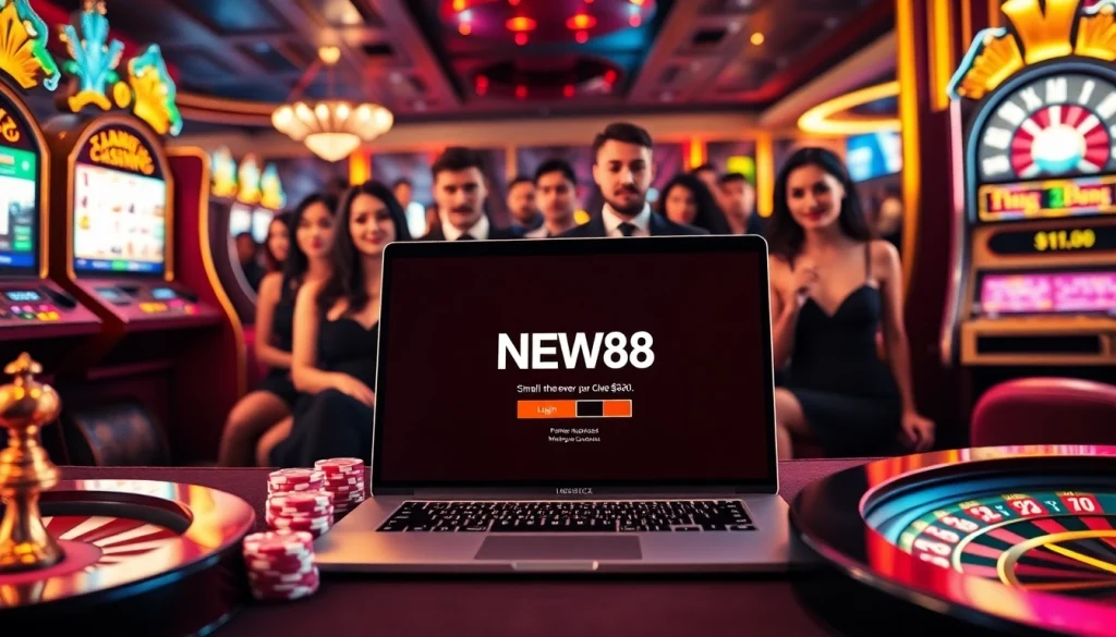 Engaging players logging into NEW88 for exciting online casino experiences with vibrant gaming elements.