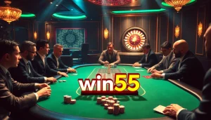 Professional poker players engaging in a high-stakes game at a casino table, highlighting win55.