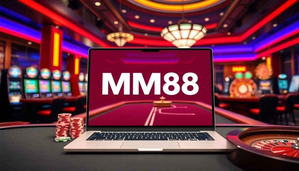 Experience thrilling online gaming at MM88 with a visually captivating casino scene.