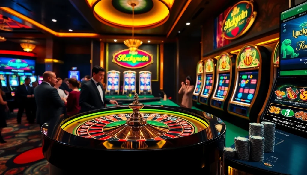 Experience the thrill of Luckywin at a vibrant casino table with roulette and excited players