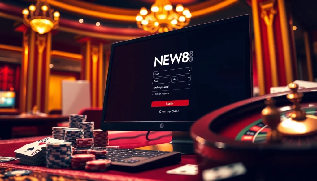 Experience the thrill of Đăng Nhập NEW88 in a luxurious casino setting with cards and roulette.