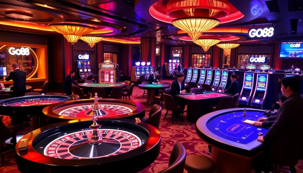Experience the thrill of Go88 with vibrant gaming action on a luxurious casino floor.