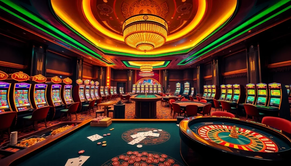 Gamblers experiencing excitement at NK88's vibrant casino with poker tables and colorful slot machines.