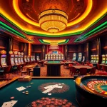 Gamblers experiencing excitement at NK88's vibrant casino with poker tables and colorful slot machines.