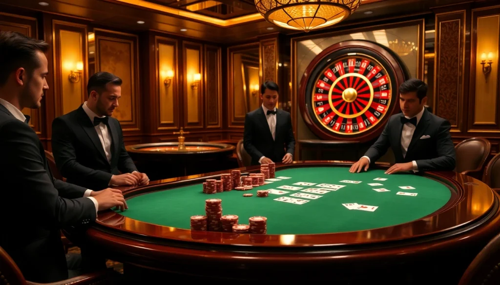 High-stakes poker at Man88 with glamorous players and a spinning roulette wheel.