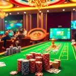 Engaged players enjoying the vibrant atmosphere at MK8.COM casino tables with cards and chips.