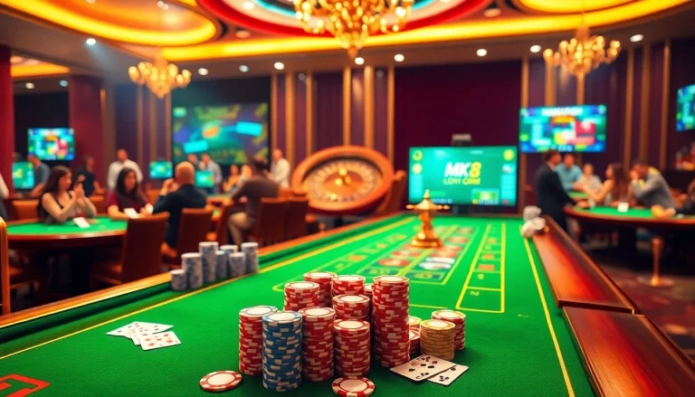Engaged players enjoying the vibrant atmosphere at MK8.COM casino tables with cards and chips.