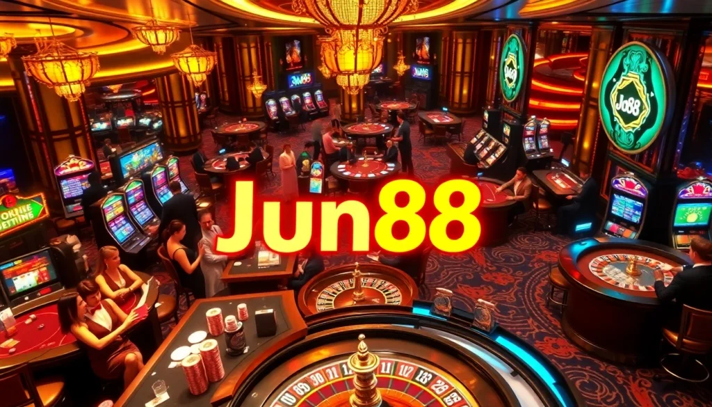 Exciting gambling scene with players enjoying poker and roulette at Jun88 casino.
