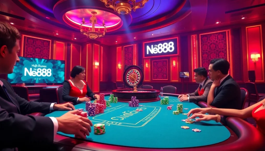 Experience high-stakes gaming at New88's luxurious casino table with vibrant poker chips.